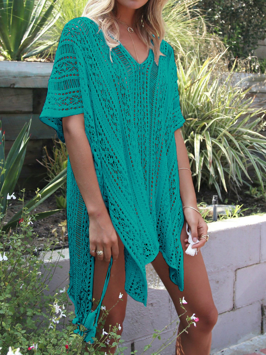 Angel Wings Cutout V-Neck Cover-Up with Tassel - Viarous