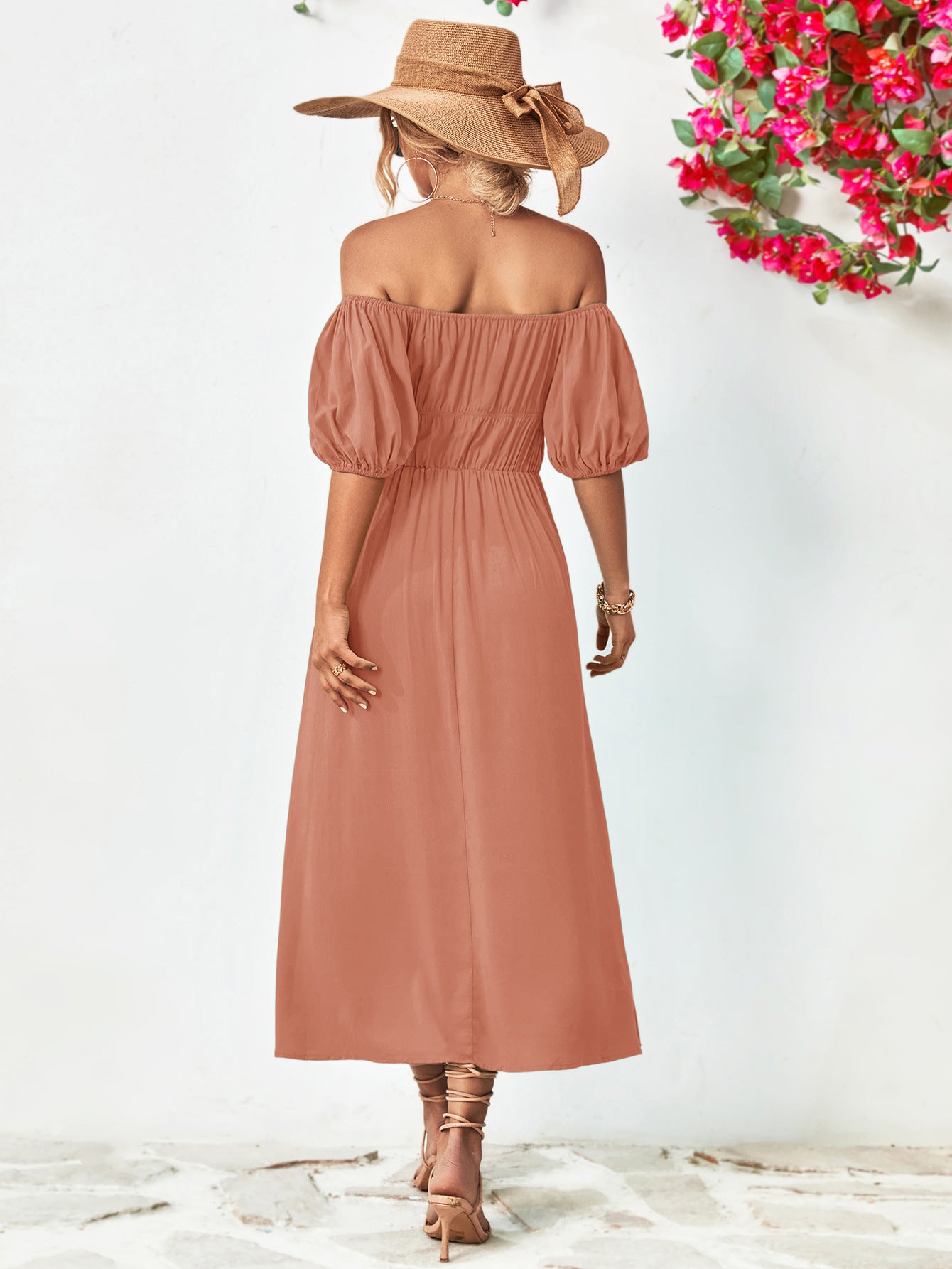 Off-Shoulder Balloon Sleeve Midi Dress - Viarous