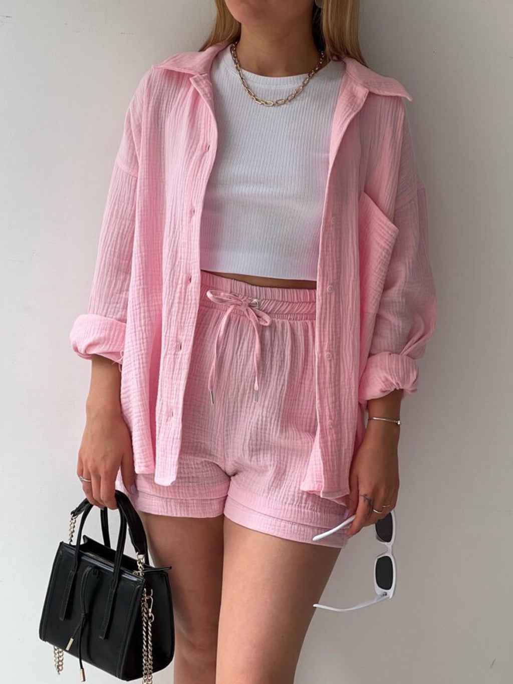 Texture Button Up Shirt and Drawstring Shorts Set - Viarous
