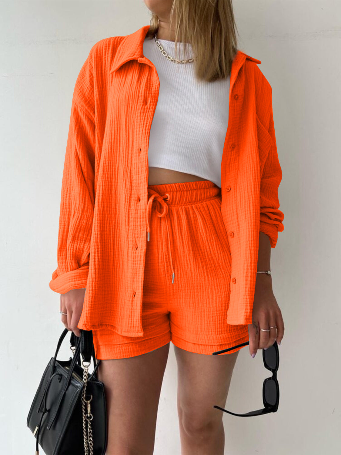 Texture Button Up Shirt and Drawstring Shorts Set - Viarous