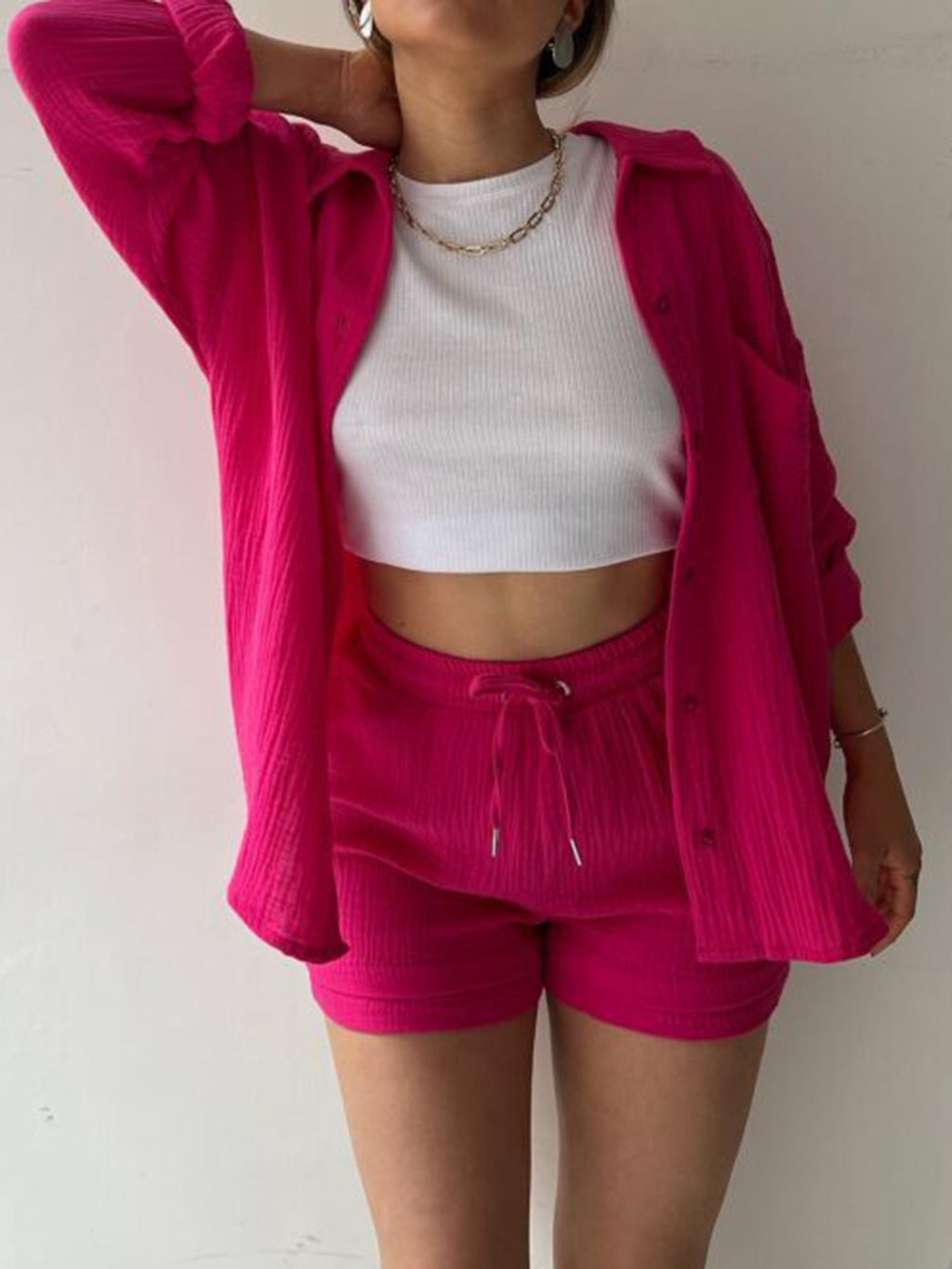 Texture Button Up Shirt and Drawstring Shorts Set - Viarous