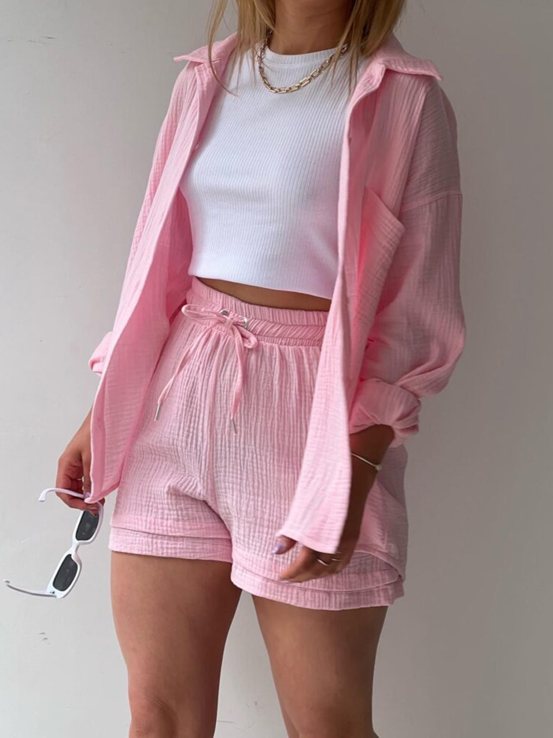 Texture Button Up Shirt and Drawstring Shorts Set - Viarous