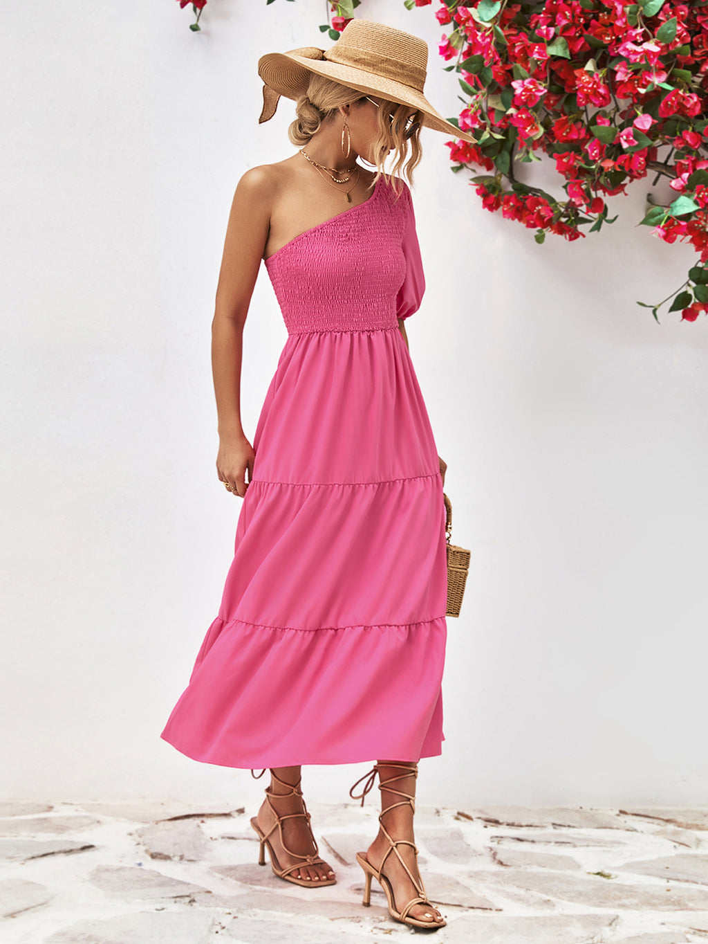 Smocked One-Shoulder Midi Dress - Viarous