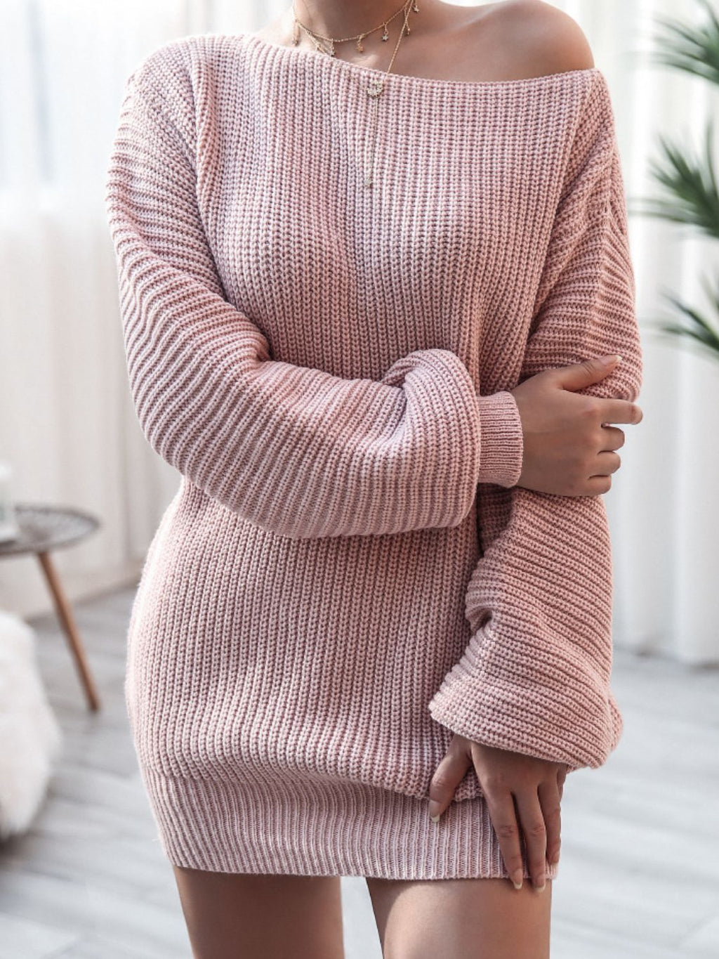 Balloon Sleeve Boat Neck Sweater Mini Dress - ViarousViarousViarous