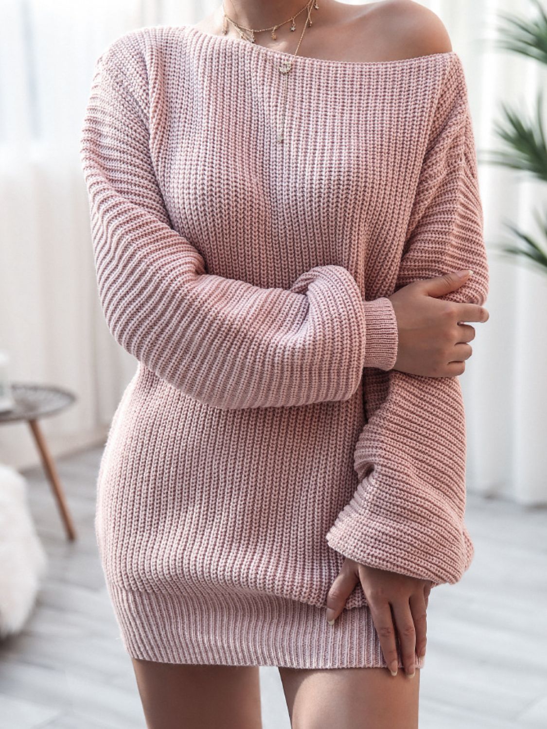 Balloon Sleeve Boat Neck Sweater Mini Dress - ViarousViarousViarous