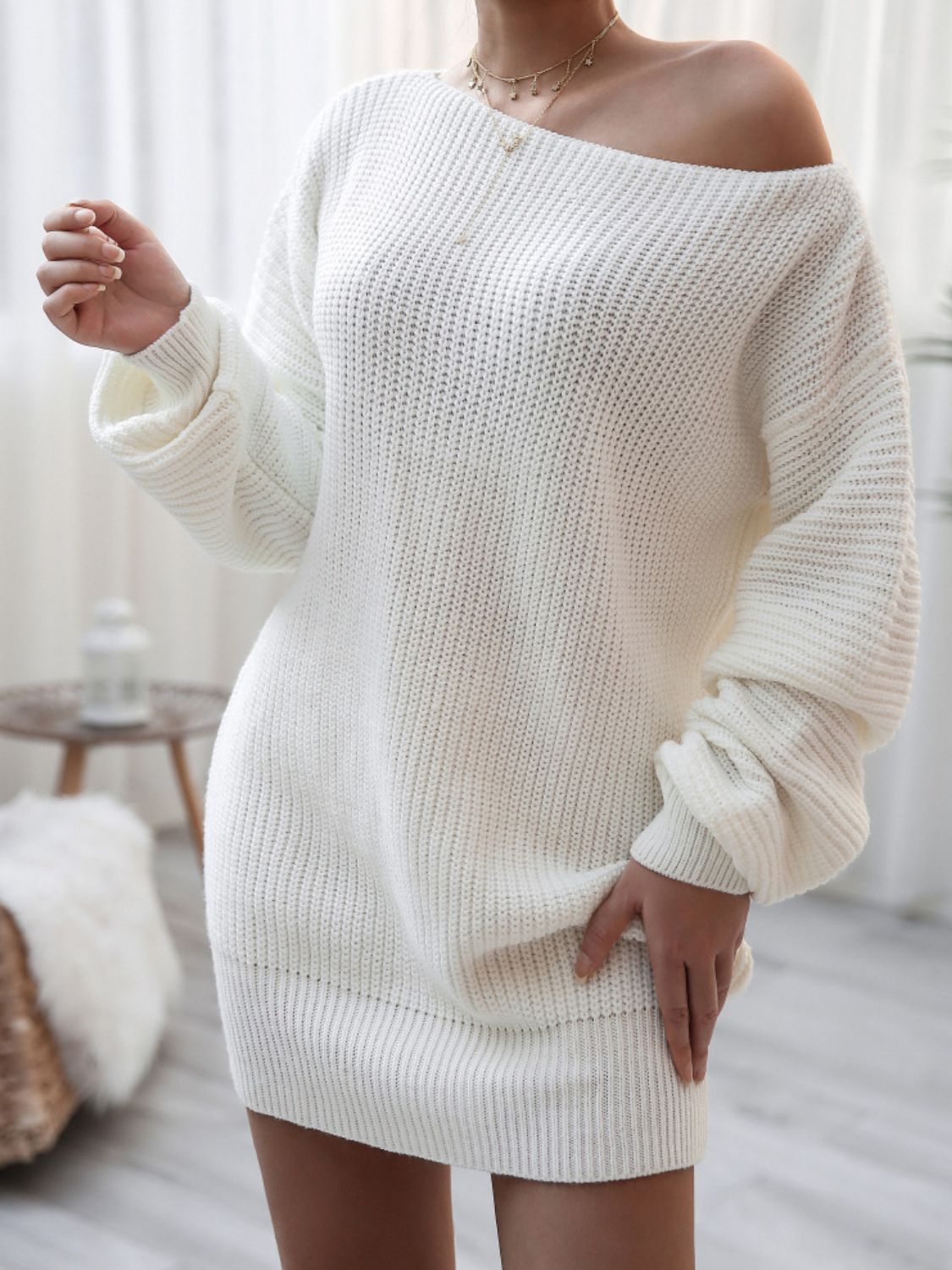 Balloon Sleeve Boat Neck Sweater Mini Dress - ViarousViarousViarous