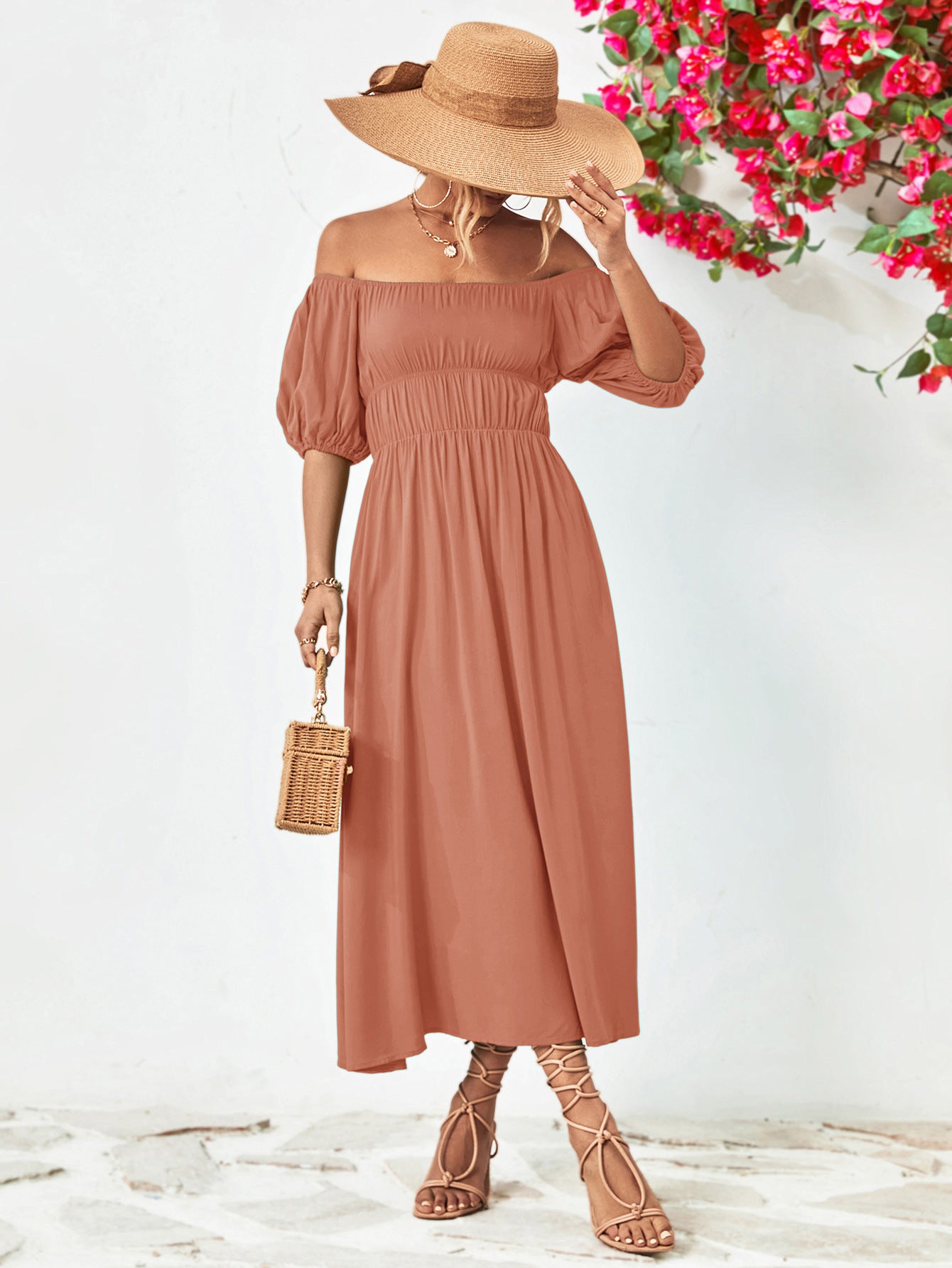 Off-Shoulder Balloon Sleeve Midi Dress - Viarous