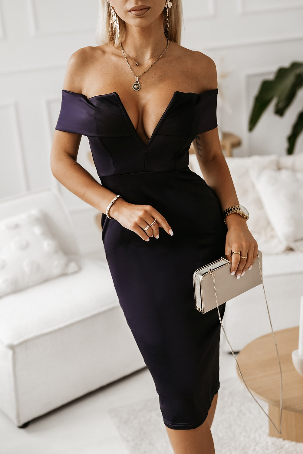 Off-Shoulder Zip-Back Slit Dress - Viarous