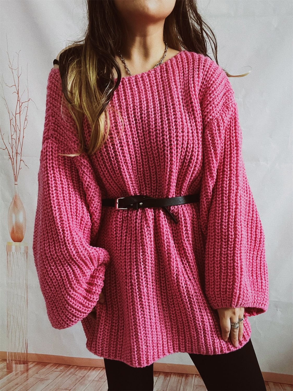 Boat Neck Long Sleeve Sweater with Belt - ViarousViarousViarous