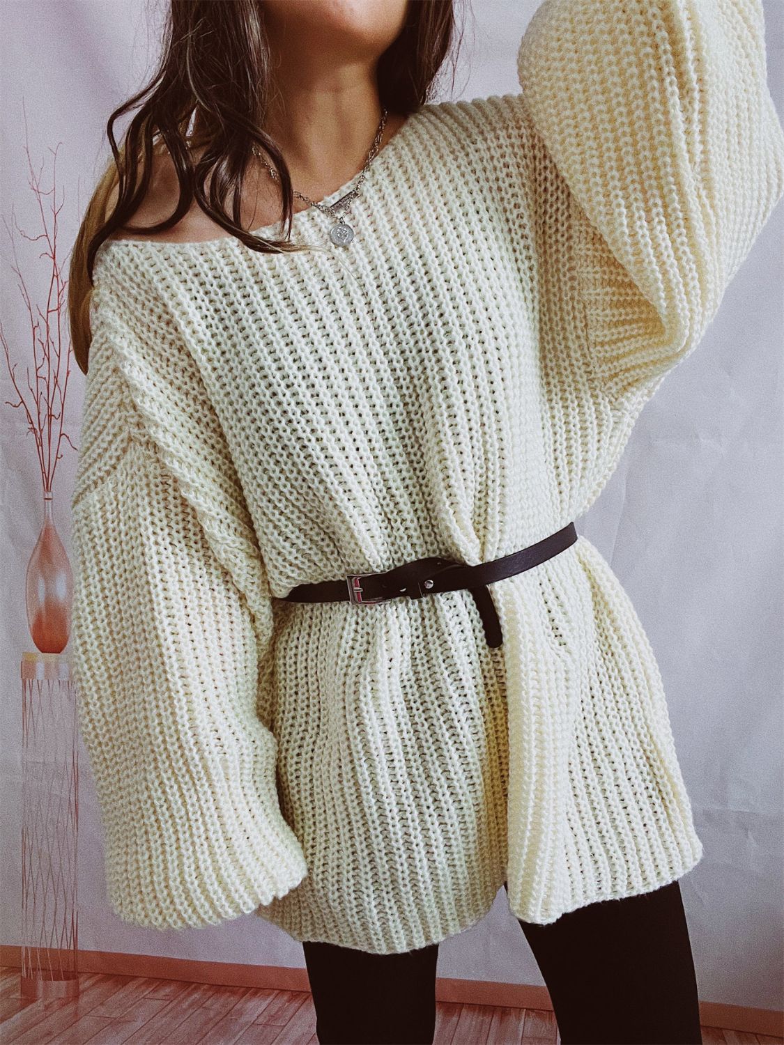Boat Neck Long Sleeve Sweater with Belt - ViarousViarousViarous
