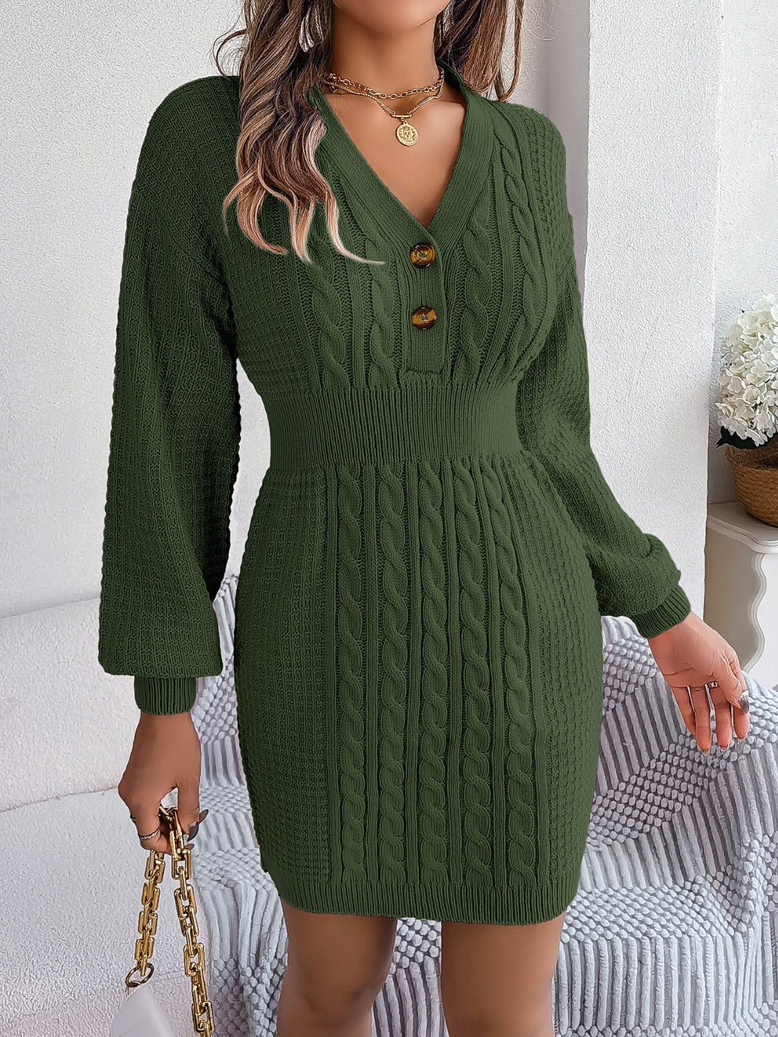 Buttoned Cable - Knit V - Neck Sweater Dress - ViarousViarousViarous