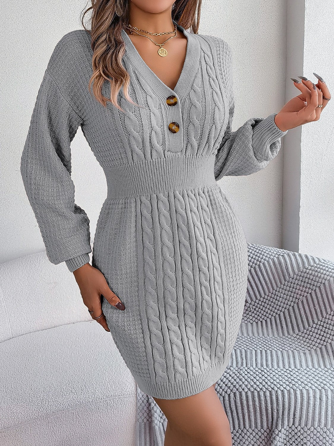 Buttoned Cable - Knit V - Neck Sweater Dress - ViarousViarousViarous
