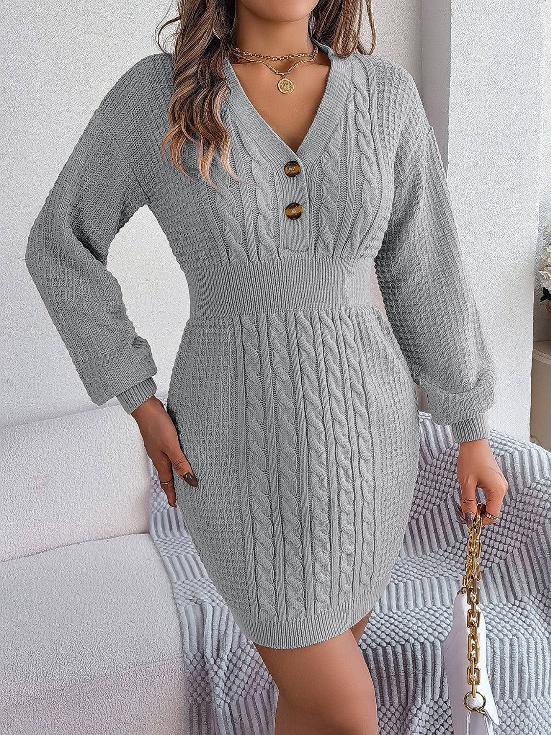 Buttoned Cable - Knit V - Neck Sweater Dress - ViarousViarousViarous