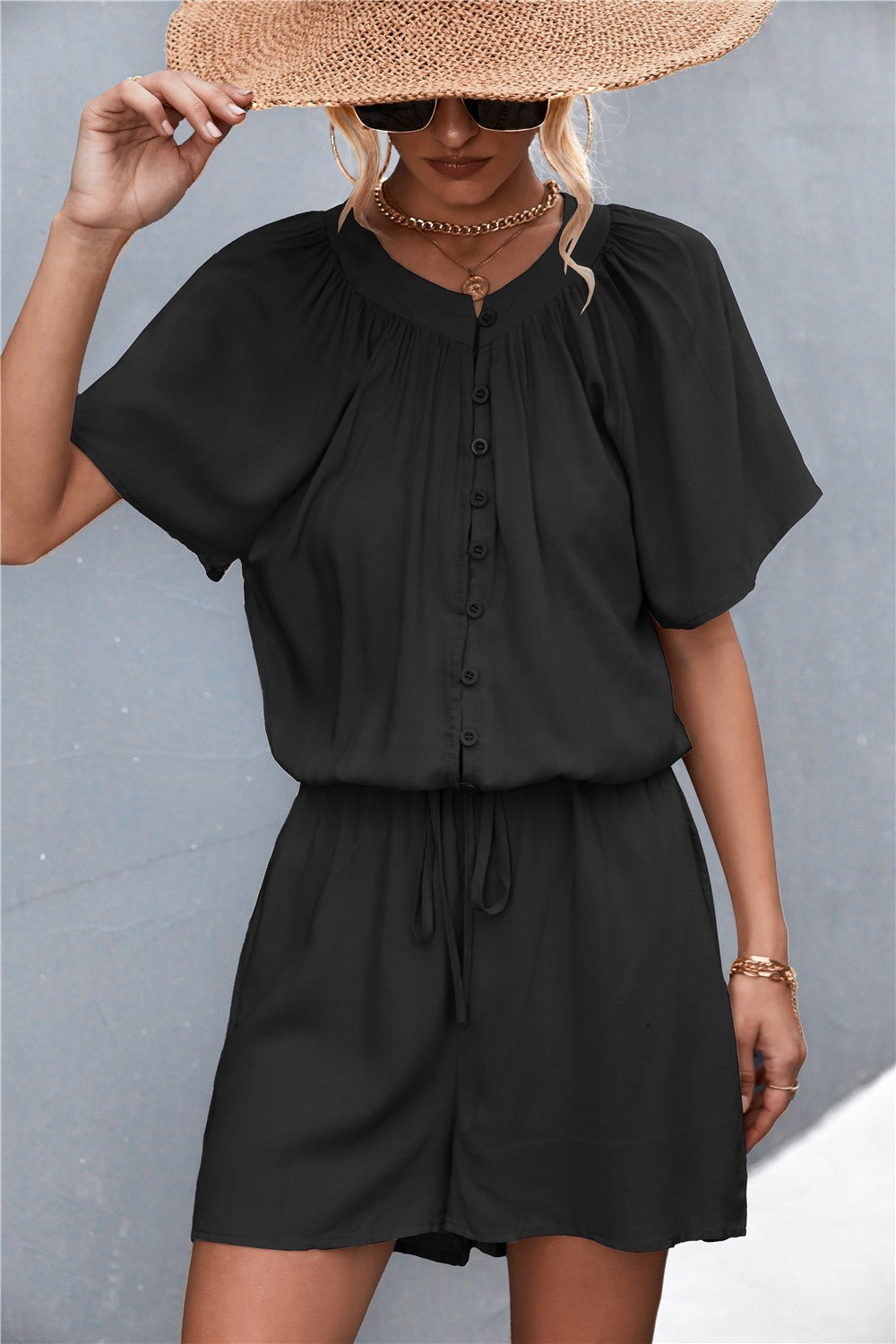 Buttoned Gather Detail Romper - ViarousViarousViarous