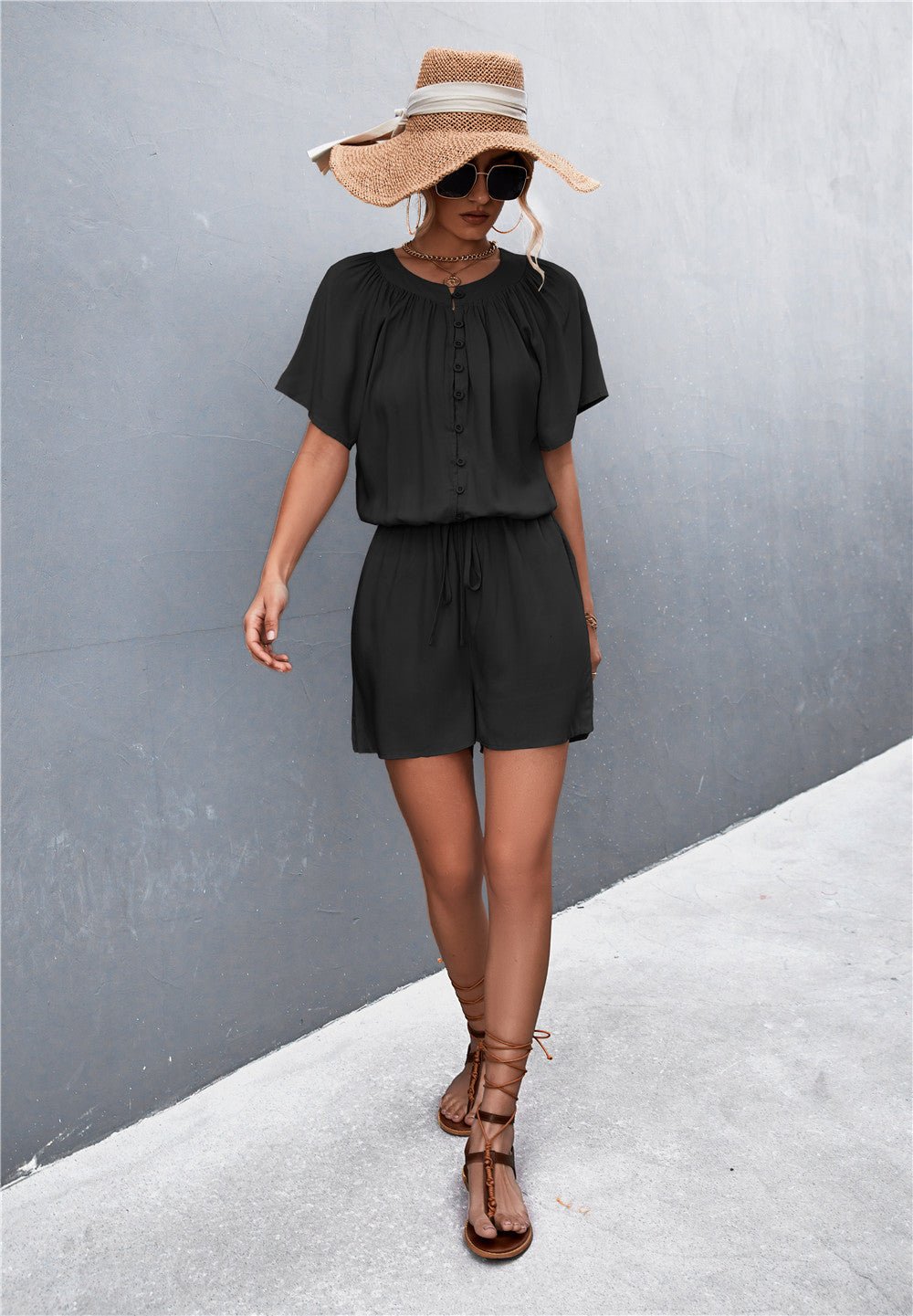 Buttoned Gather Detail Romper - ViarousViarousViarous