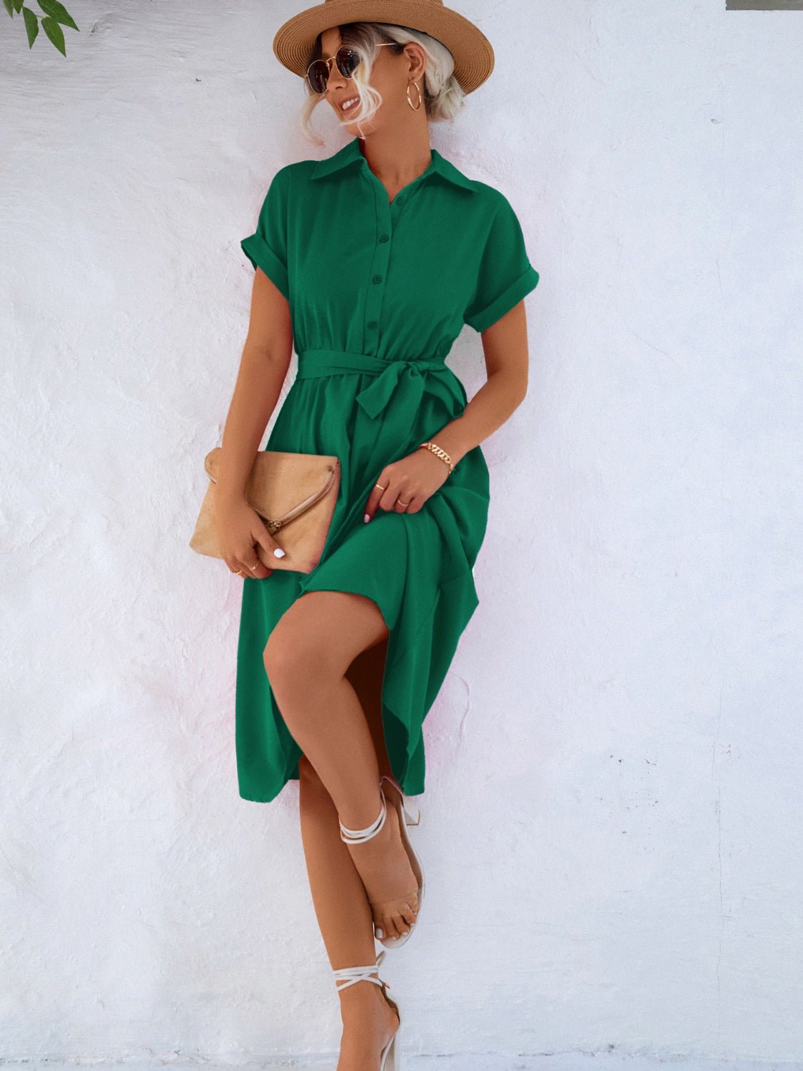 Buttoned Tie Waist Short Sleeve Dress - ViarousViarousViarous