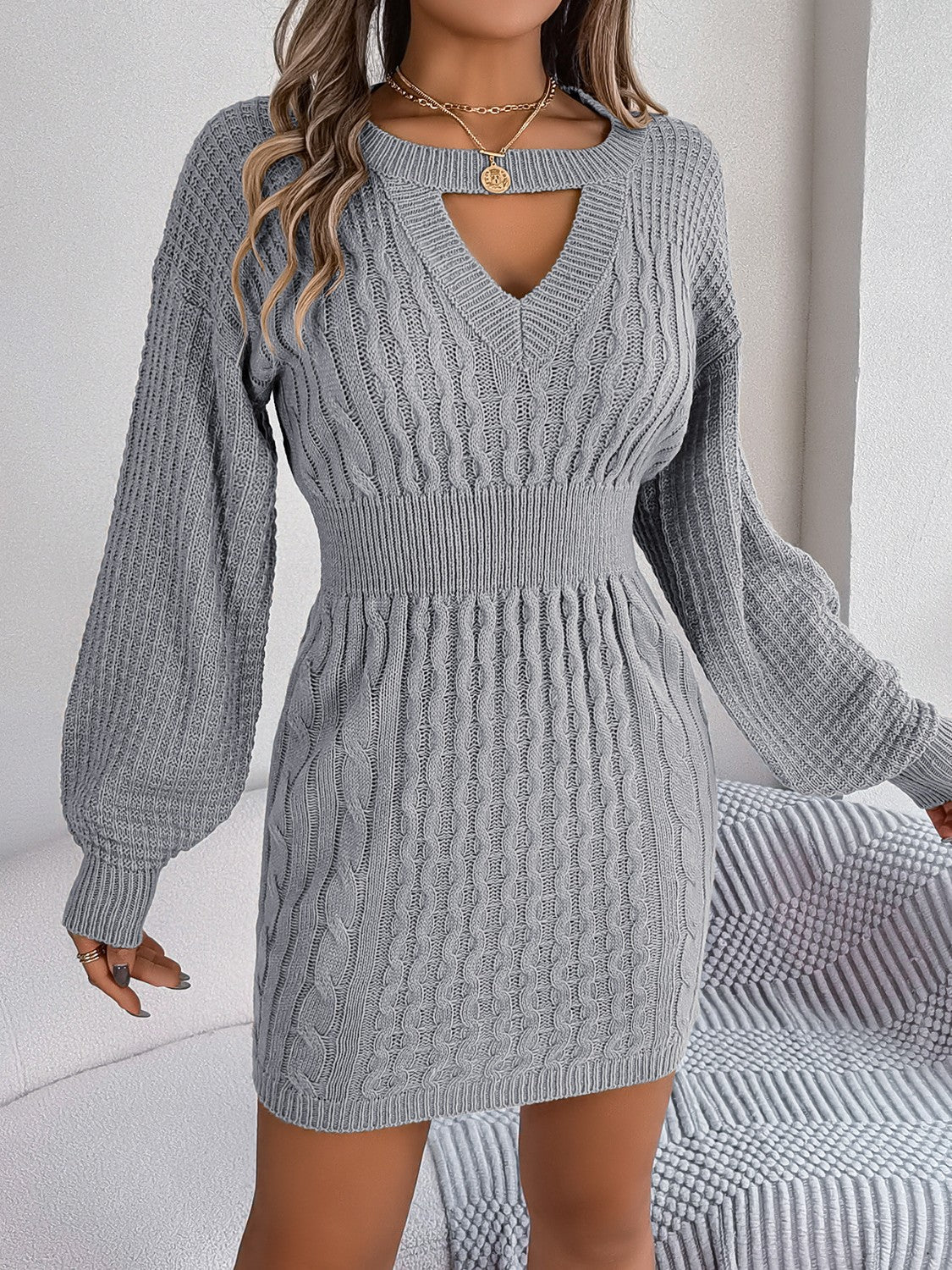 Cable - Knit Cutout Round Neck Slit Sweater Dress - ViarousViarousViarous