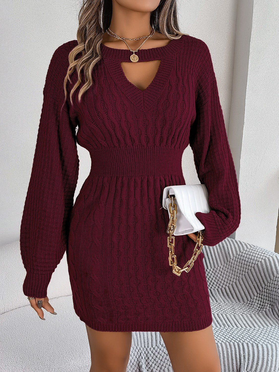 Cable - Knit Cutout Round Neck Slit Sweater Dress - ViarousViarousViarous