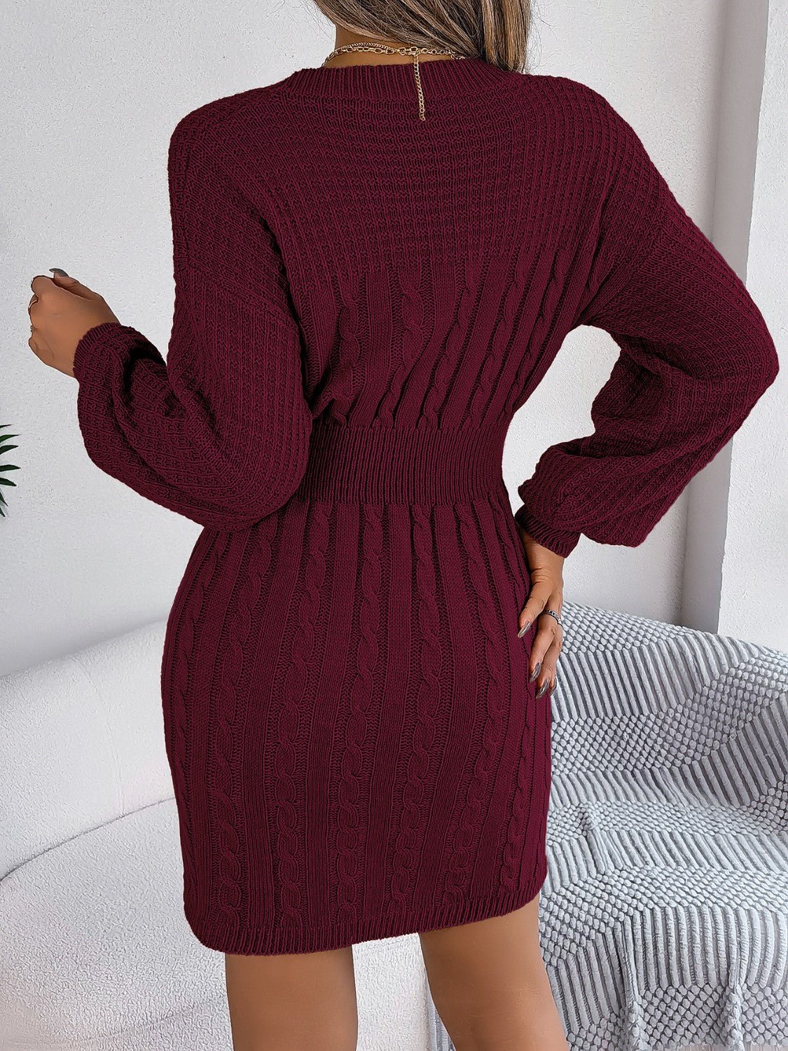 Cable - Knit Cutout Round Neck Slit Sweater Dress - ViarousViarousViarous