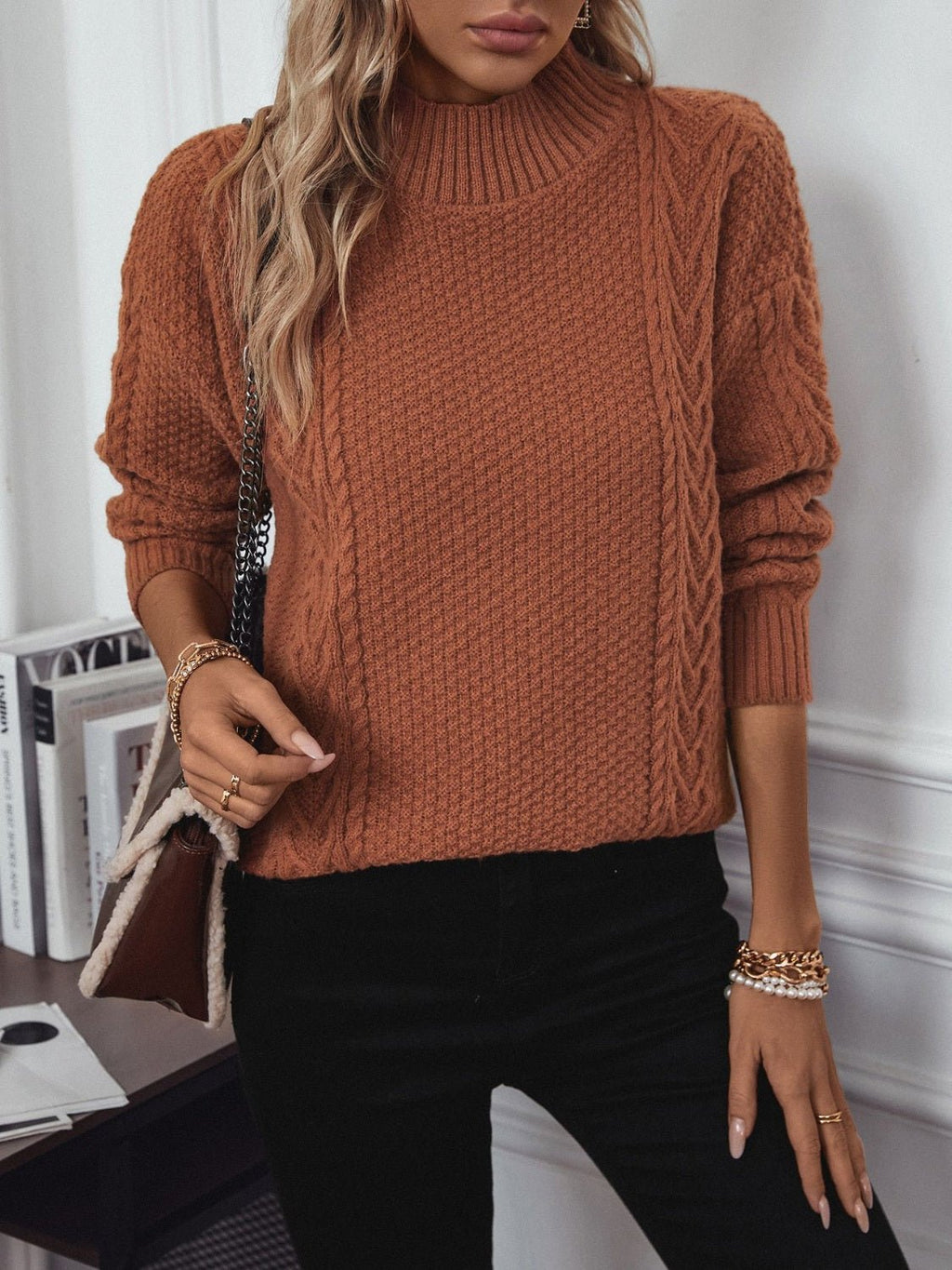 Cable - Knit Mock Neck Long Sleeve Sweater - ViarousViarousViarous