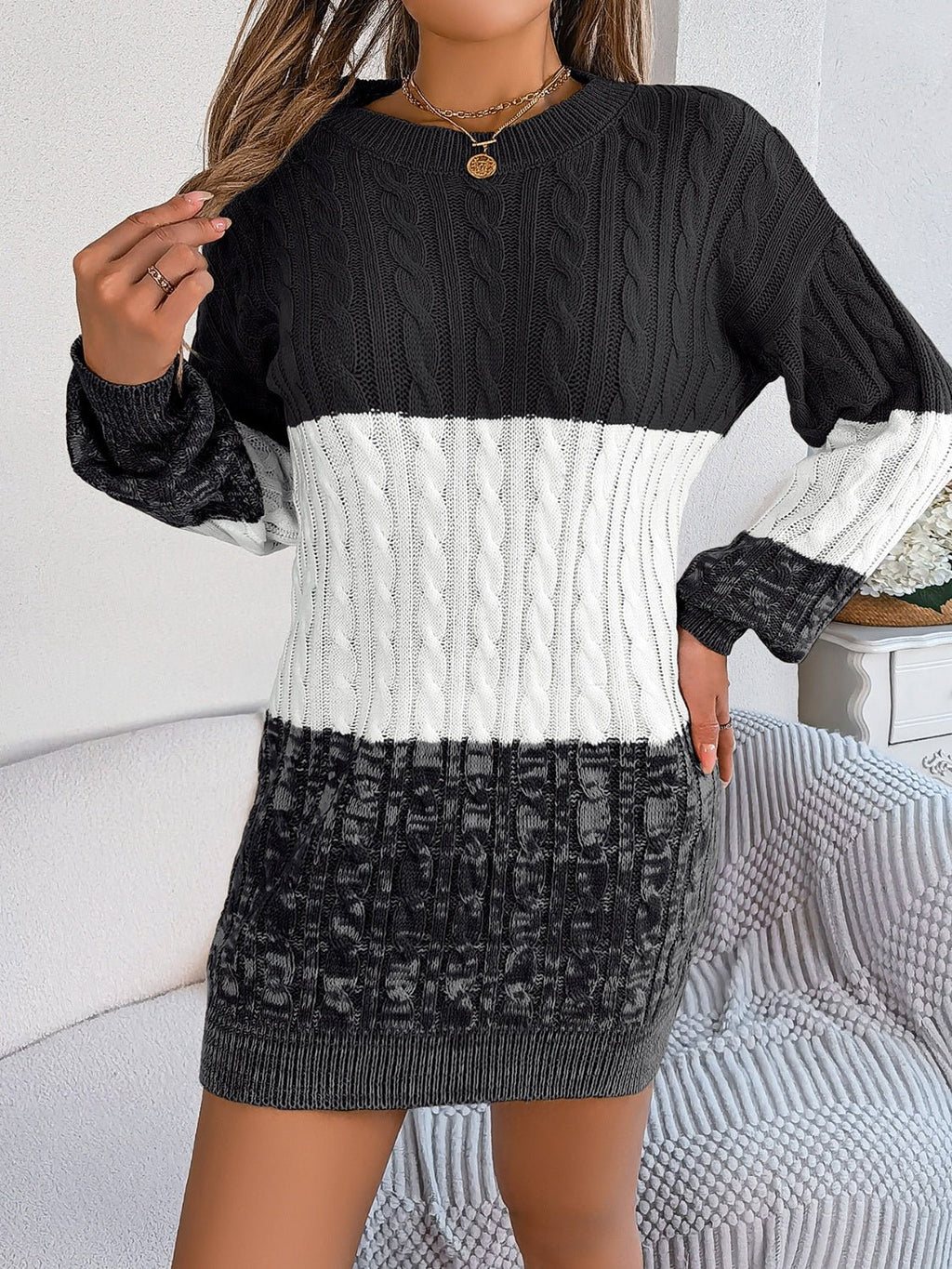 Cable - Knit Round Neck Color Block Sweater Dress - ViarousViarousViarous
