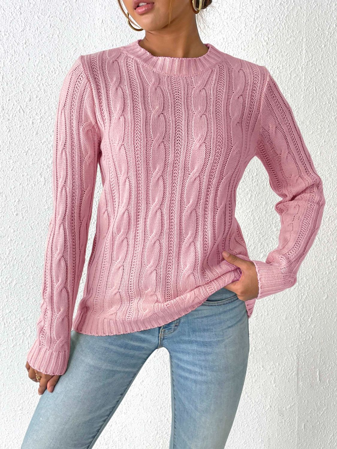 Cable - Knit Round Neck Sweater - ViarousViarousViarous
