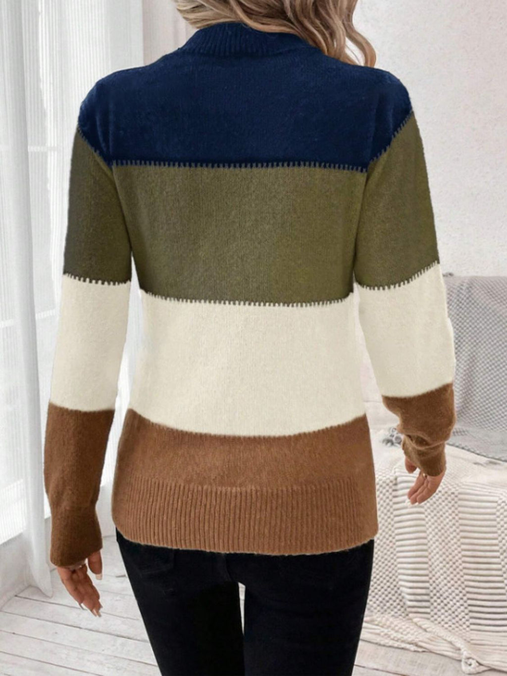 Color Block Mock Neck Long Sleeve Sweater - ViarousViarousViarous