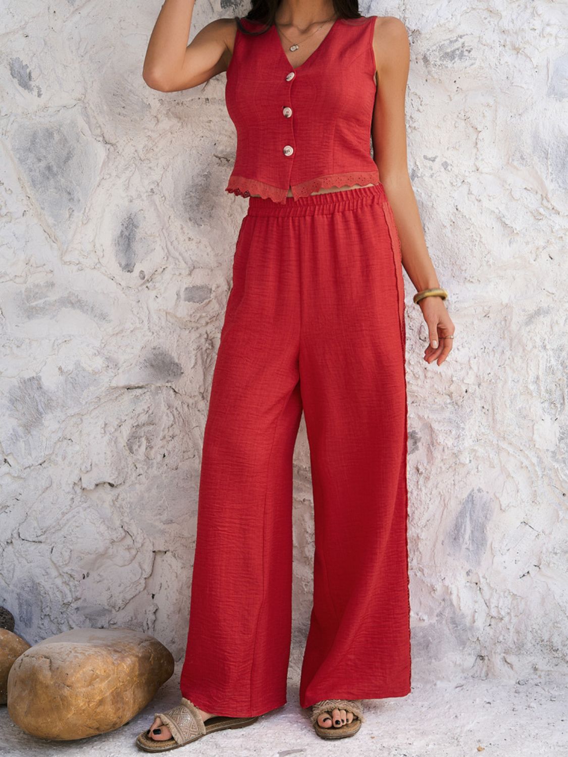 Devine Button Down Lace Detail Vest and Pants Set - ViarousViarousViarous