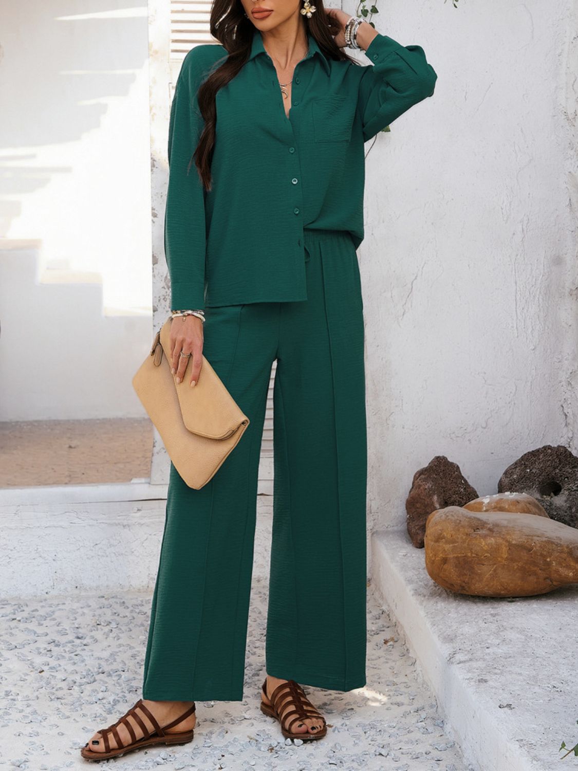Devine Collared Neck Long Sleeve Top and Pants Set - ViarousViarousViarous