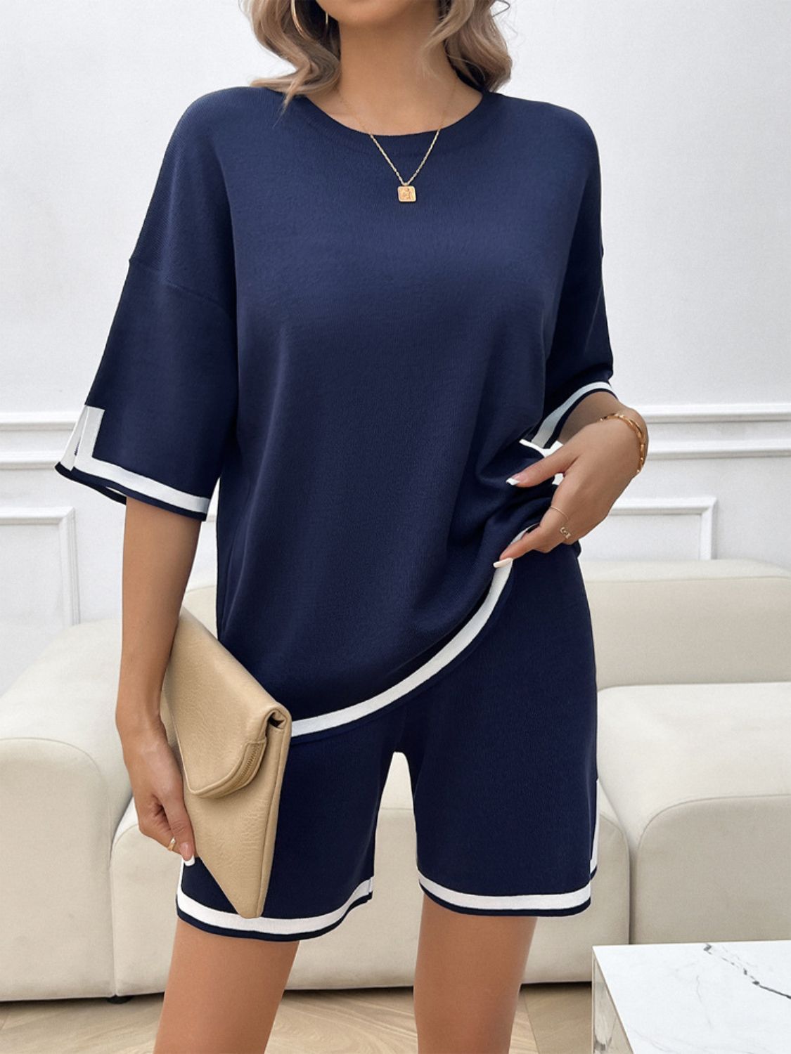 Devine Contrast Trim Round Neck Top and Shorts Set - ViarousViarousViarous