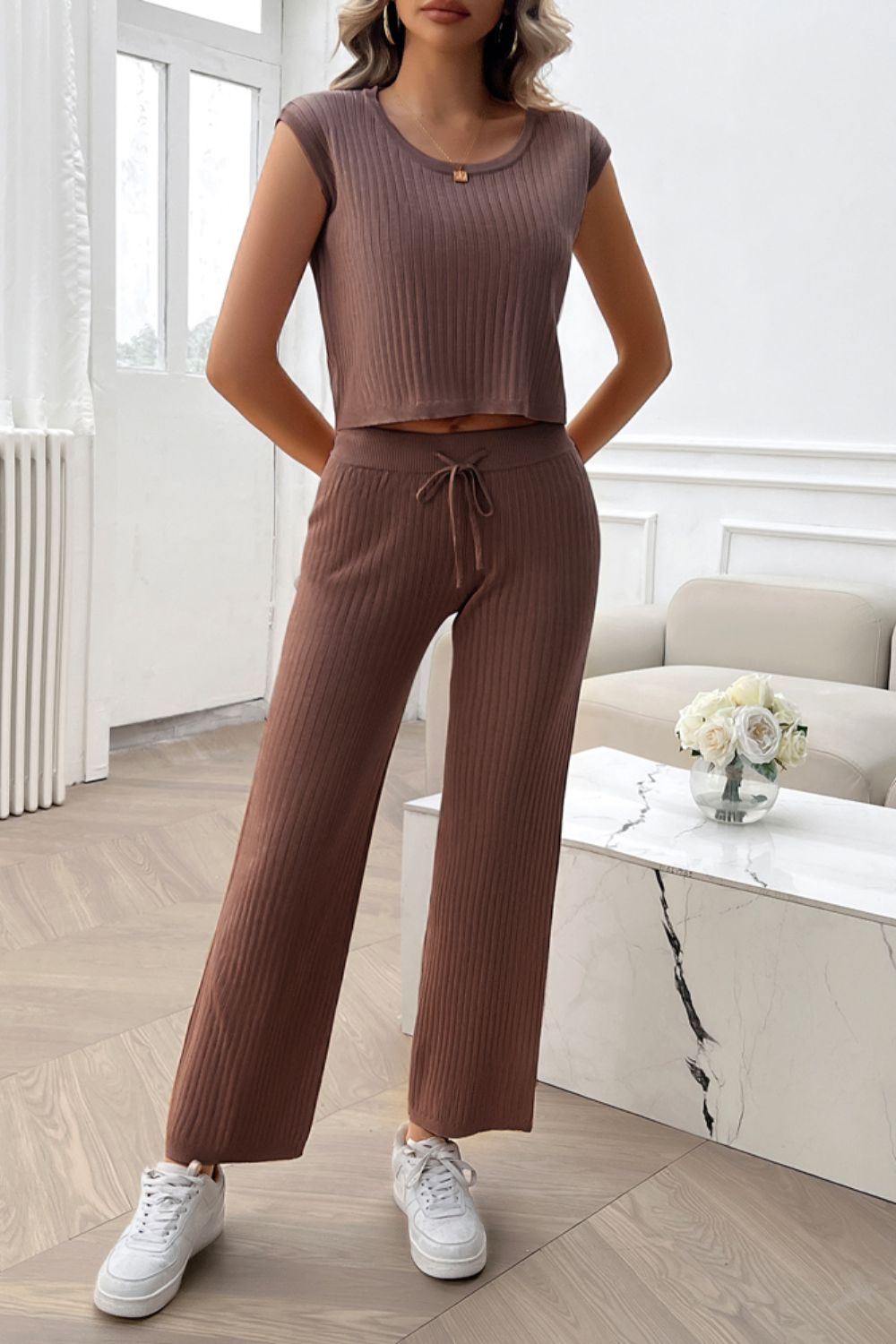Devine Ribbed Round Neck Top and Pants Set - ViarousViarousViarous