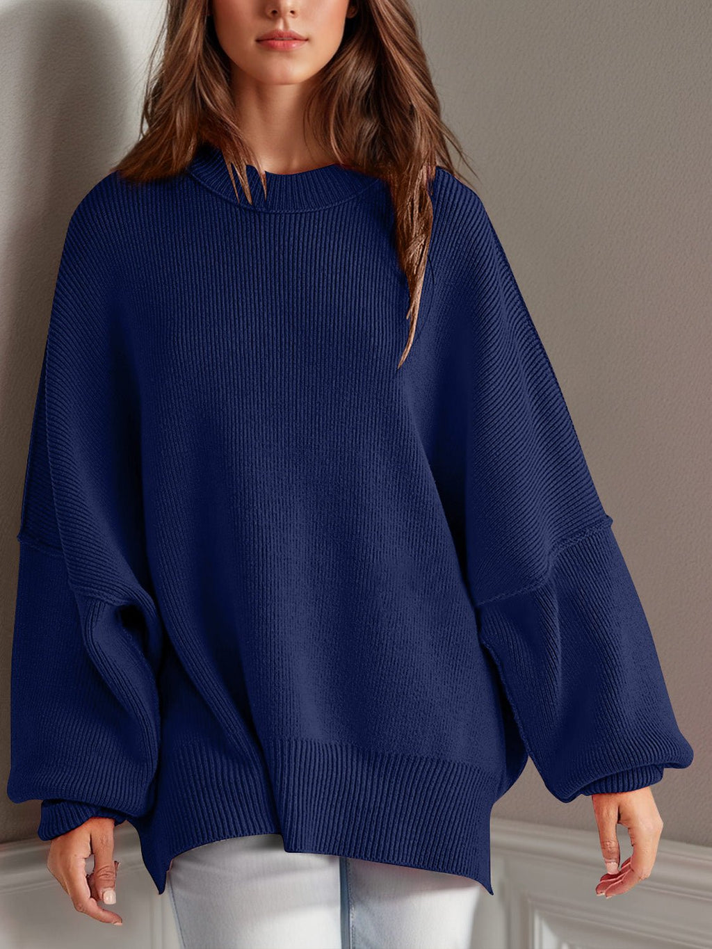 Double Take Side Slit Round Neck Long Sleeve Sweater - ViarousViarousViarous