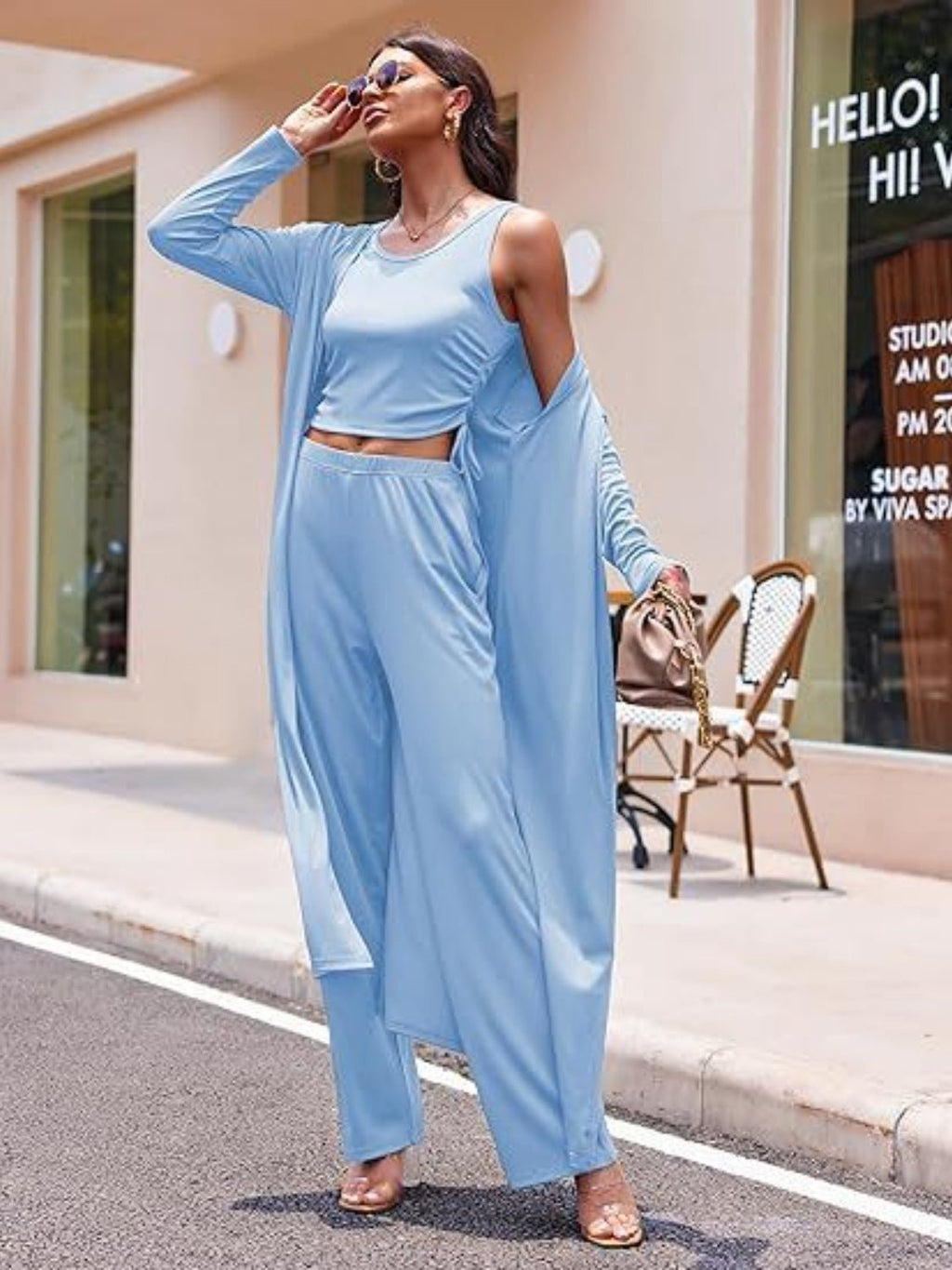 Drawstring Tank, Long Sleeve Cover Up and Pants Set - ViarousViarousViarous