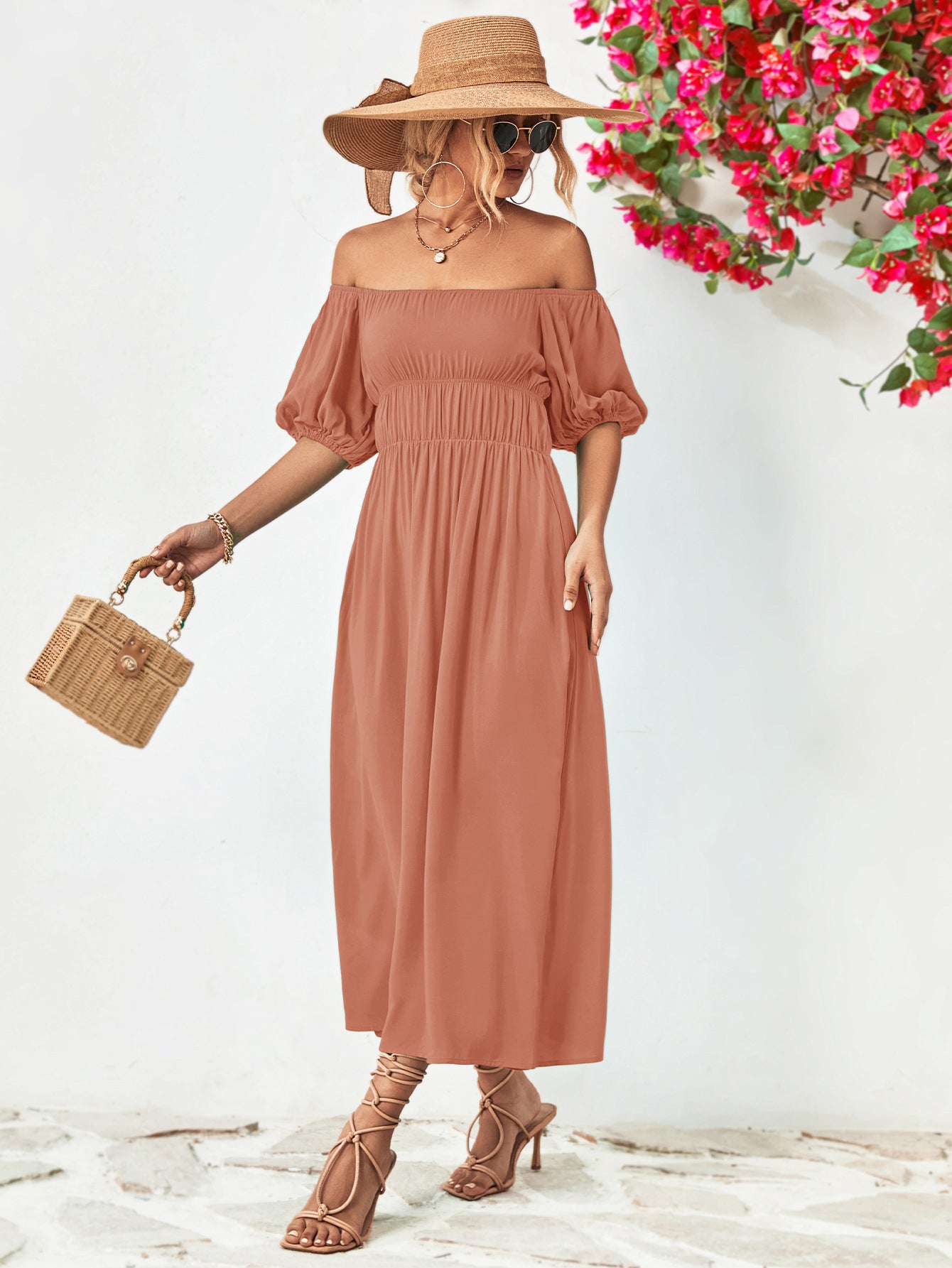 Off-Shoulder Balloon Sleeve Midi Dress - Viarous