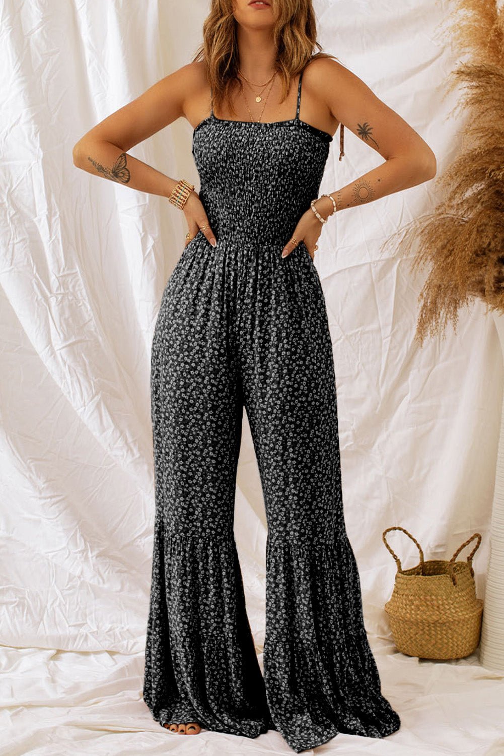 Floral Spaghetti Strap Wide Leg Jumpsuit - ViarousViarousViarous