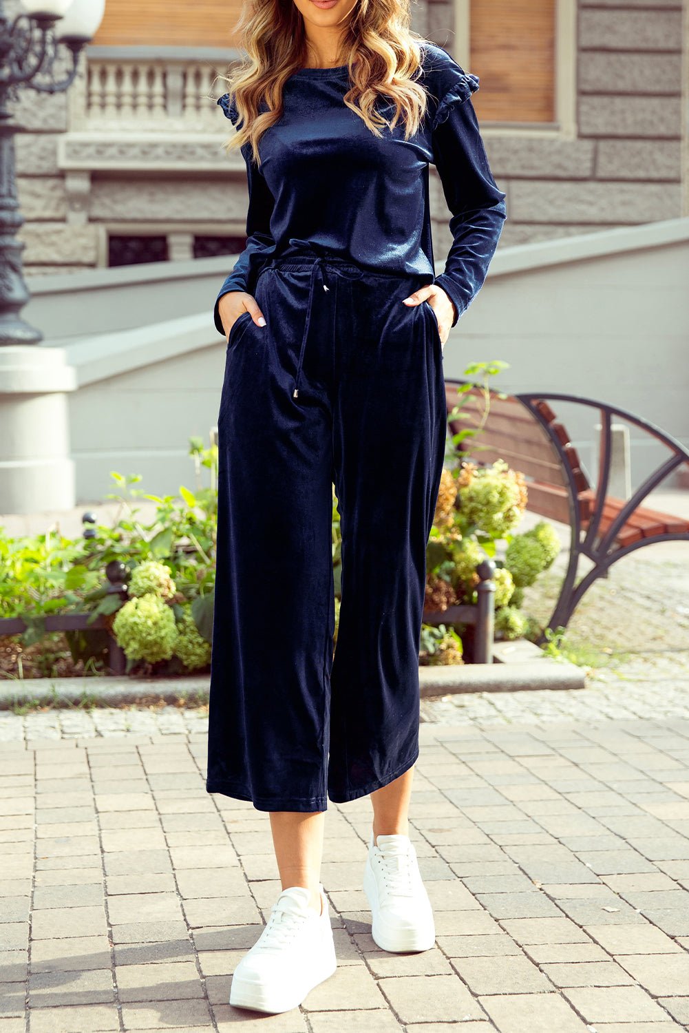 Frill Round Neck Long Sleeve Top and Pants Set - ViarousViarousViarous