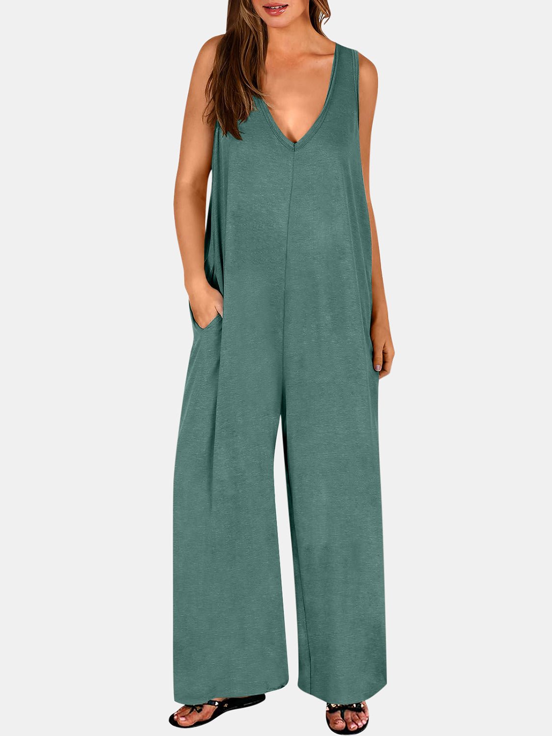 Full Size V - Neck Wide Strap Jumpsuit - ViarousViarousViarous