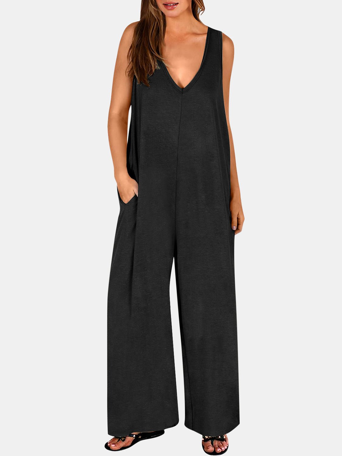 Full Size V - Neck Wide Strap Jumpsuit - ViarousViarousViarous