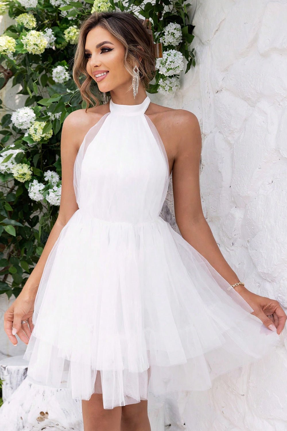 Halter Neck Backless Mesh Dress - ViarousViarousViarous