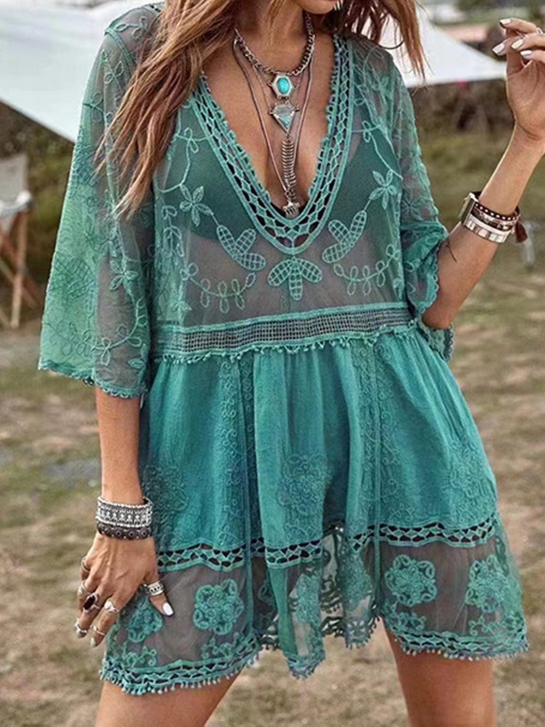 Lace Detail Plunge Cover - Up Dress - ViarousViarousViarous