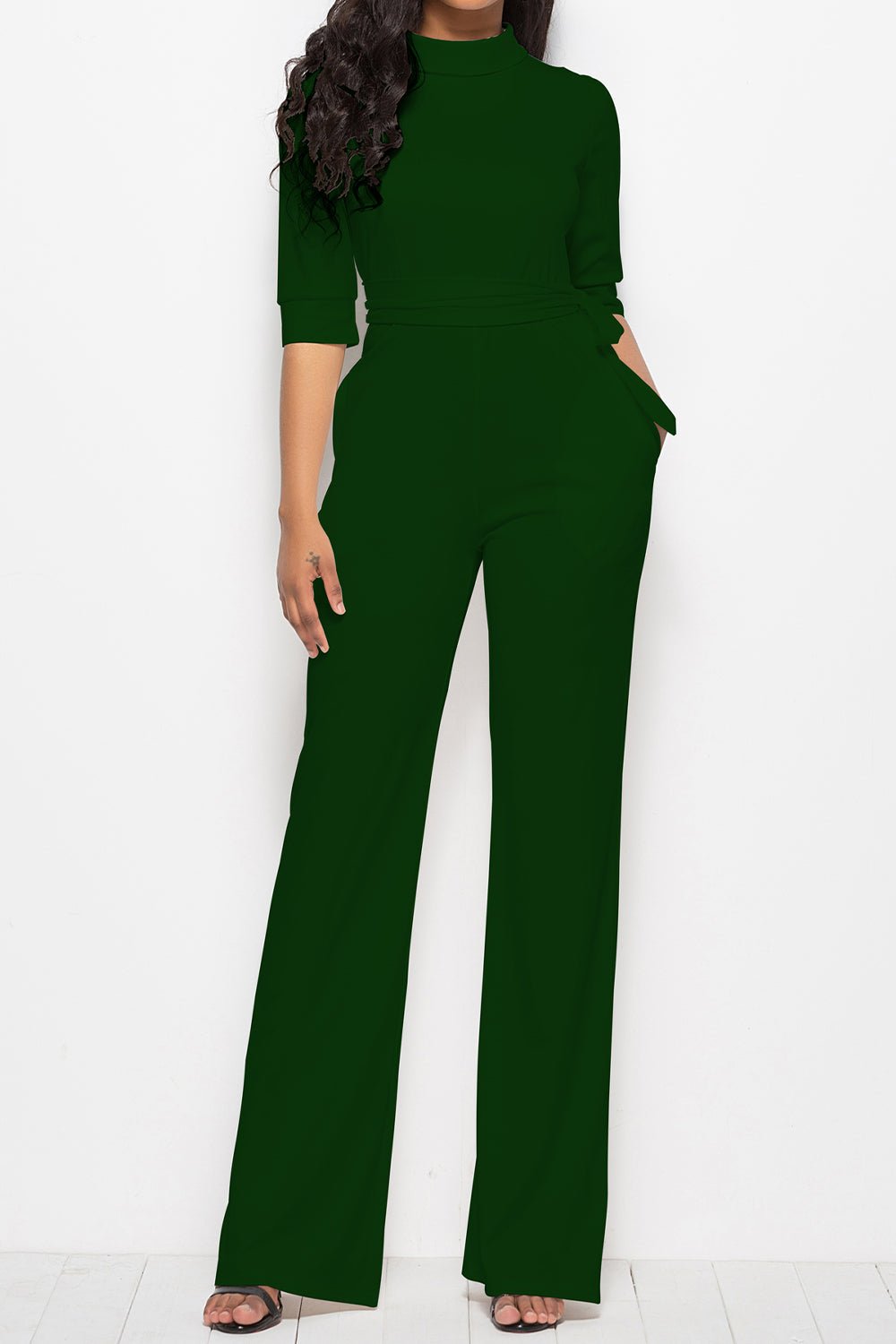 Mock Neck Tie - Waist Half Sleeve Jumpsuit - ViarousViarousViarous