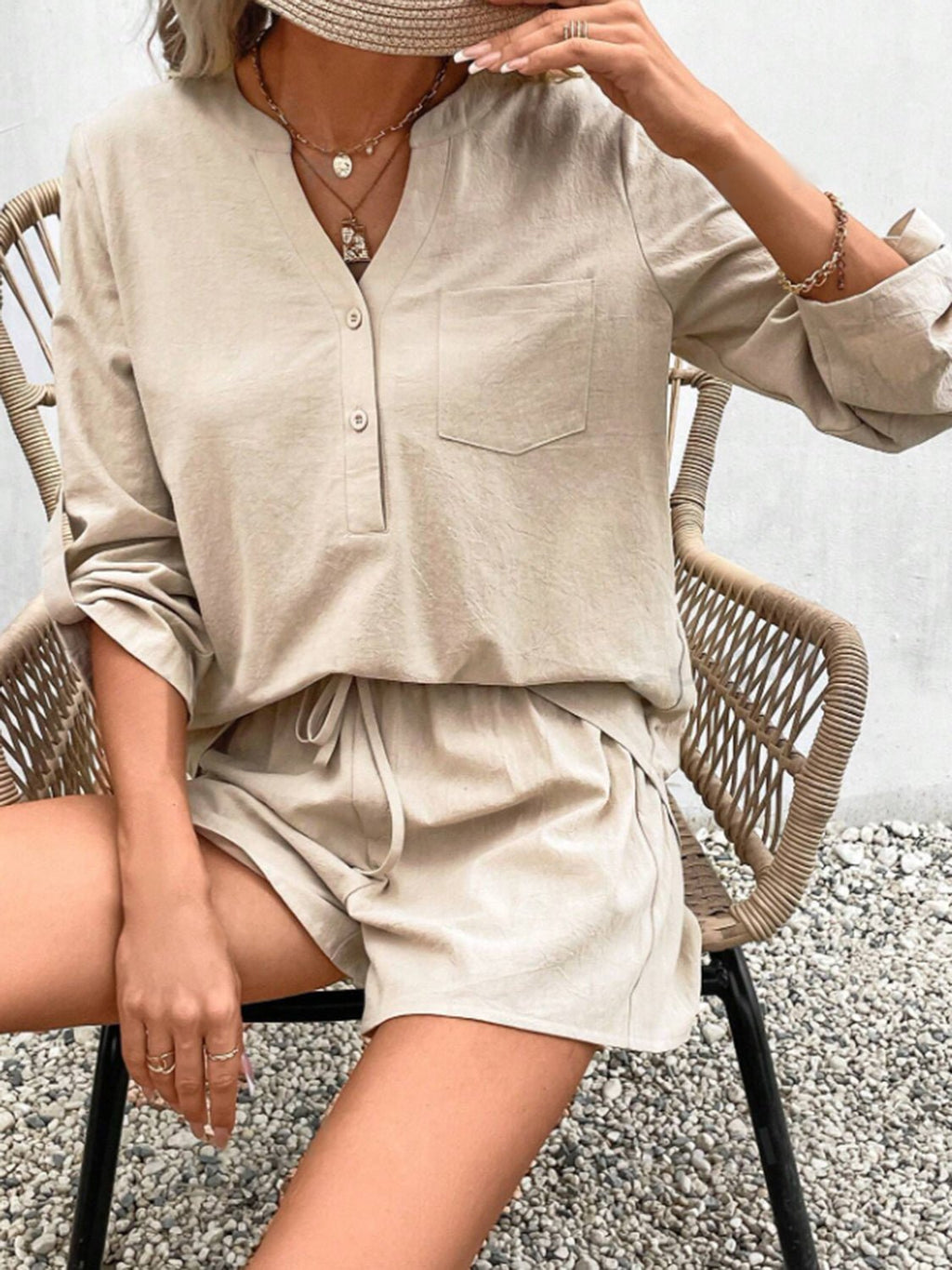 Notched Long Sleeve Top and Shorts Set - ViarousViarousViarous