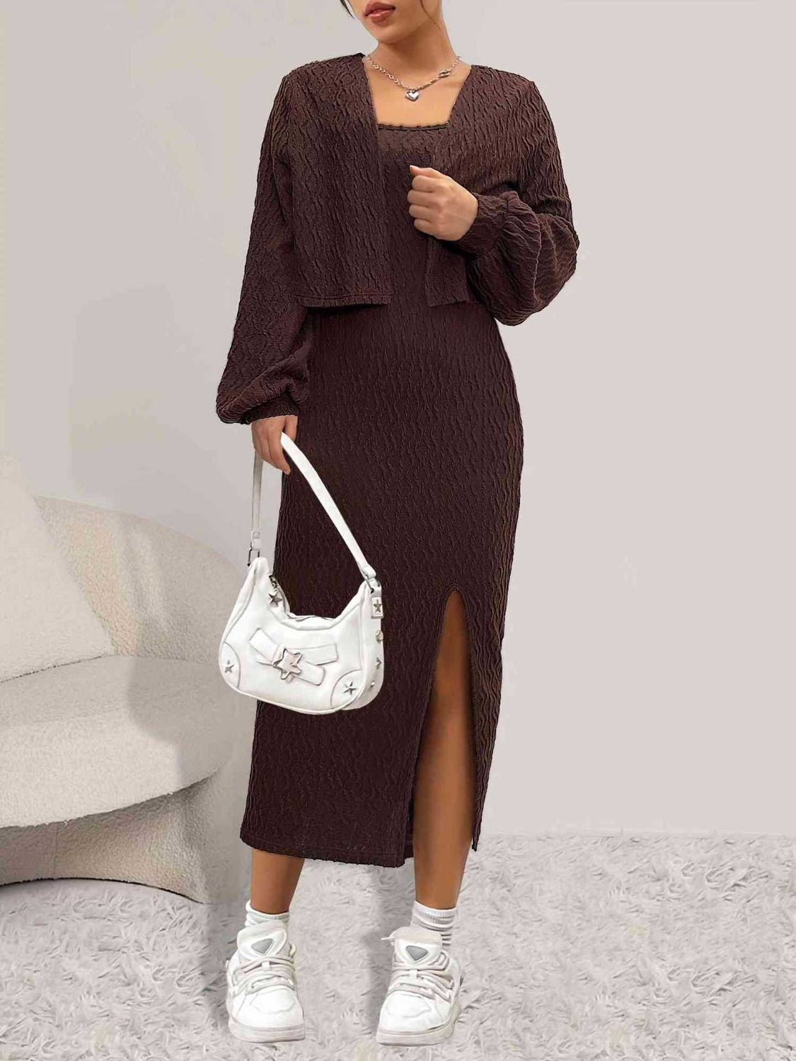 Open Front Long Sleeve Cardigan and Side Slit Cami Dress Set - ViarousViarousViarous