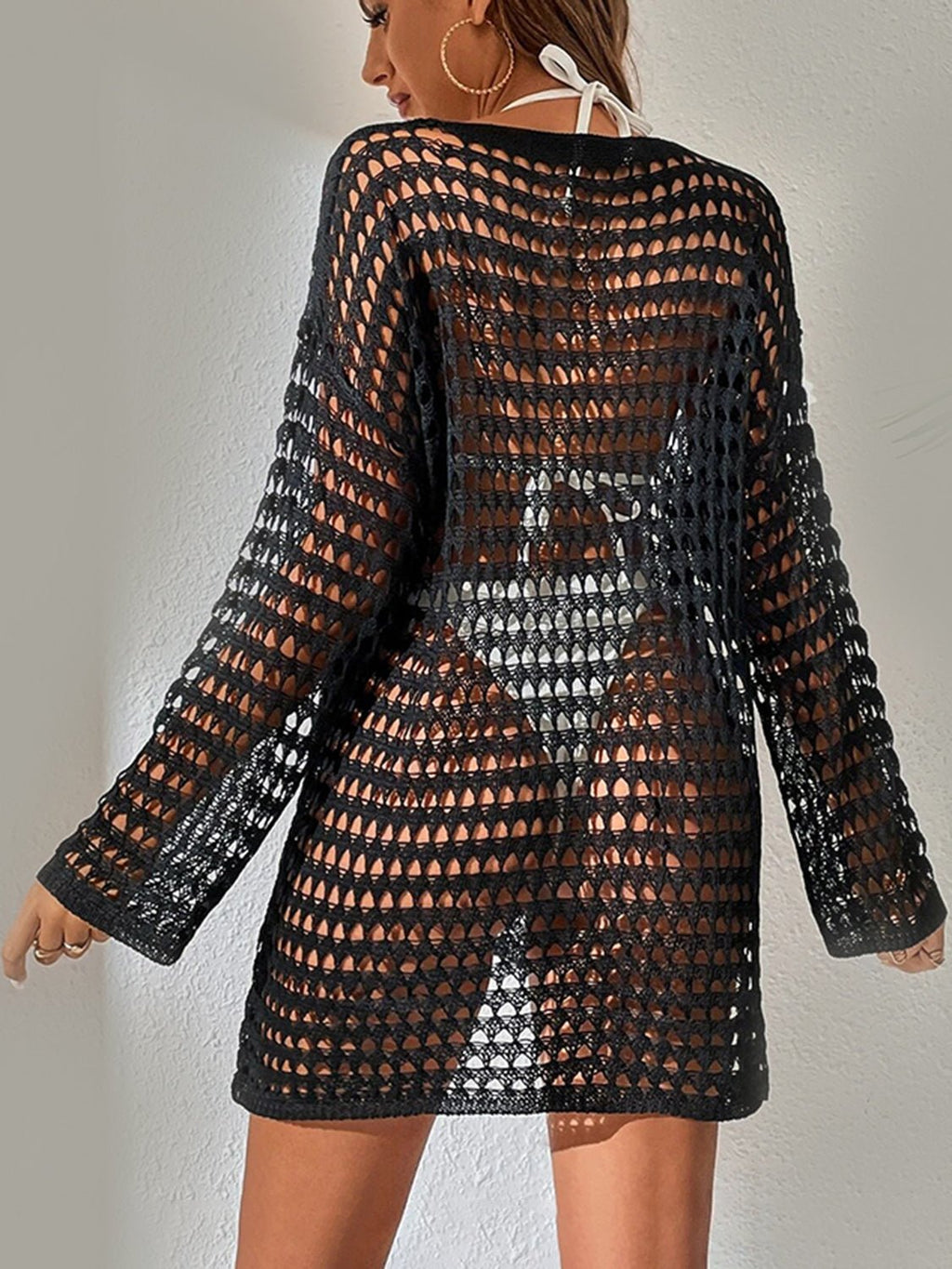 Openwork Boat Neck Long Sleeve Cover - Up - ViarousViarousViarous