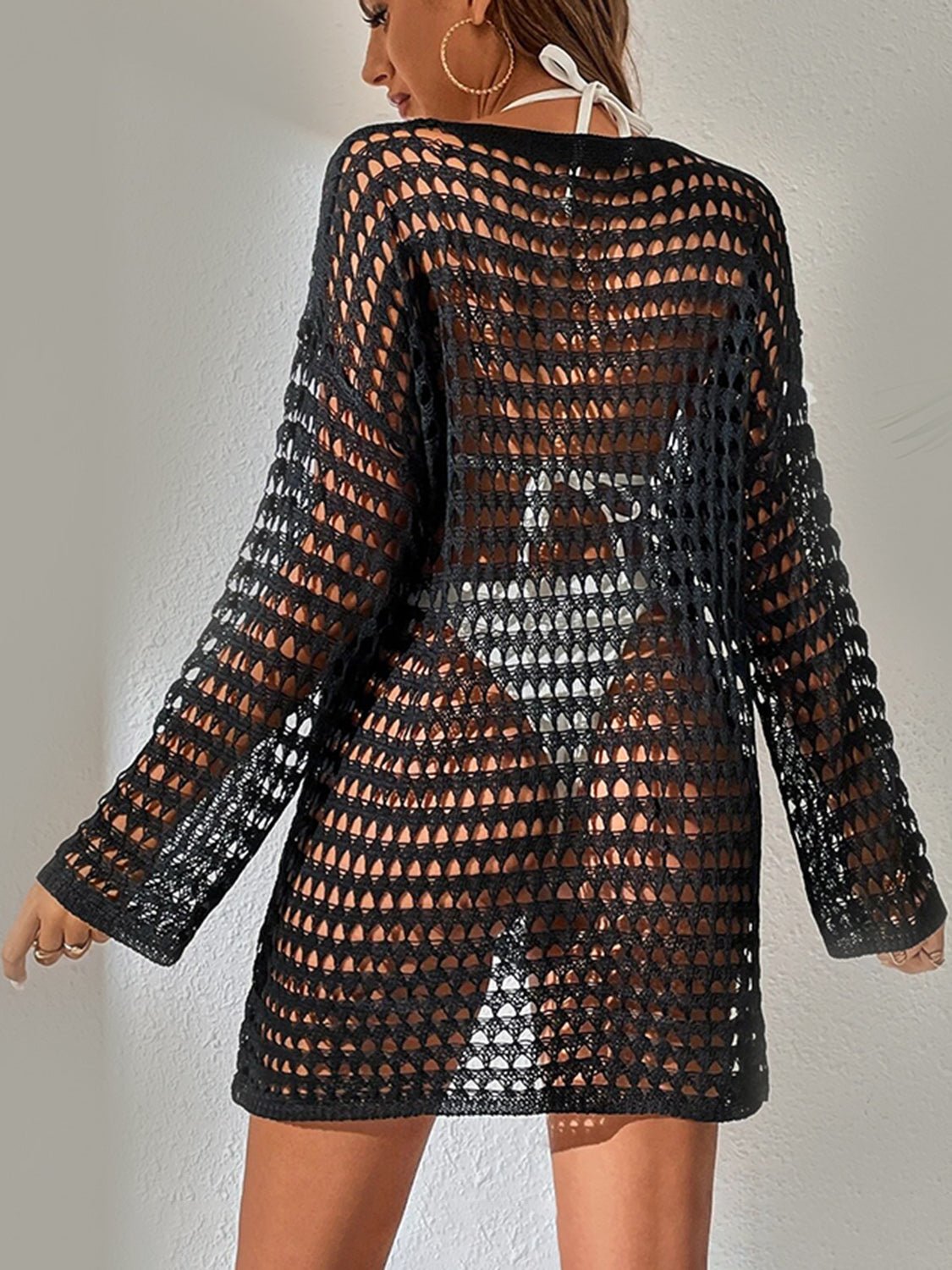 Openwork Boat Neck Long Sleeve Cover - Up - ViarousViarousViarous