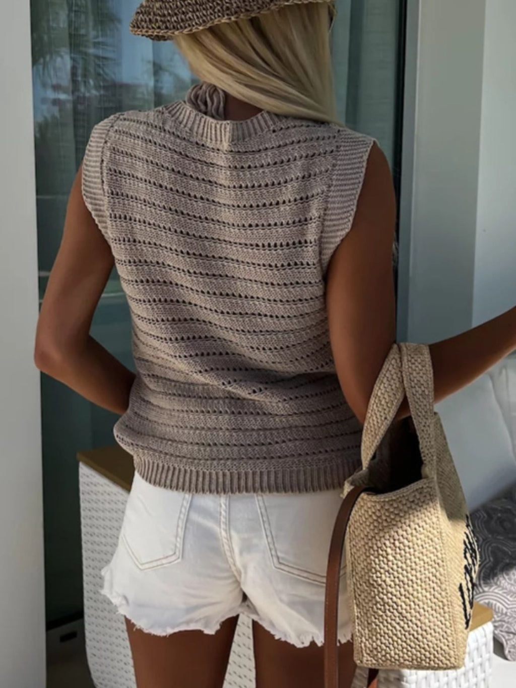 Openwork Round Neck Sweater Vest - ViarousViarousViarous