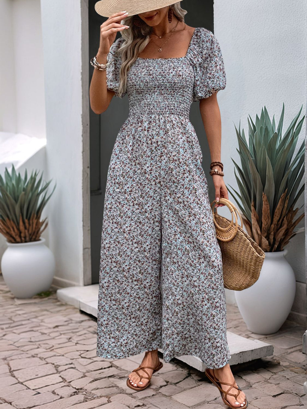 Perfee Ditsy Floral Smocked Square Neck Puff Sleeve Jumpsuit - ViarousViarousViarous