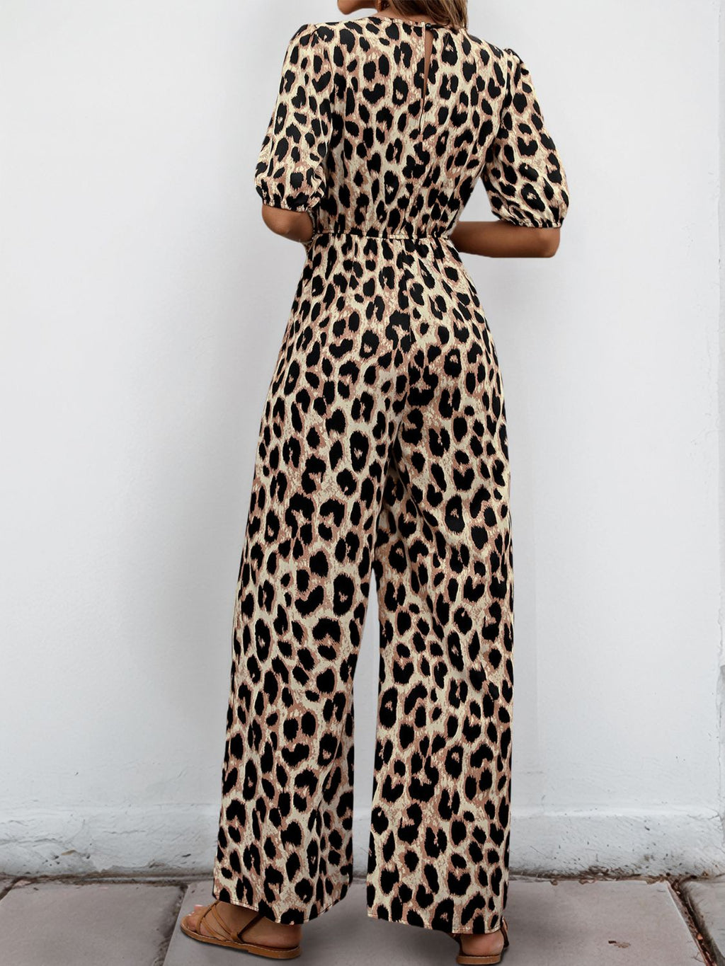 Perfee Tied Leopard Half Sleeve Jumpsuit - ViarousViarousViarous