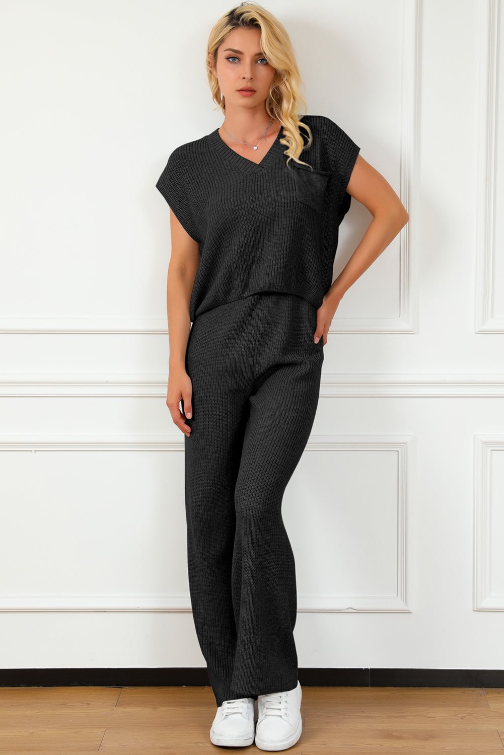 Pocketed V - Neck Top and Wide Leg Sweater Set - ViarousViarousViarous