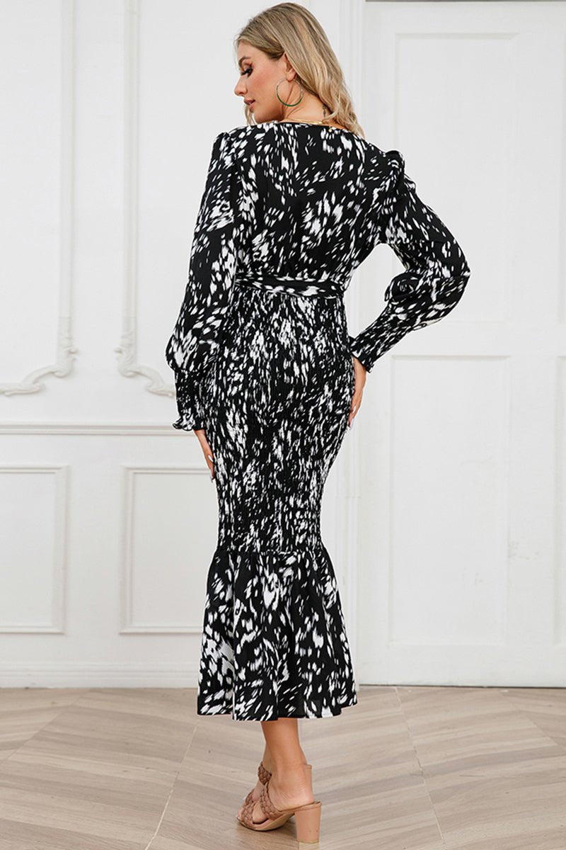 Printed V - Neck Smocked Midi Dress - ViarousViarousViarous